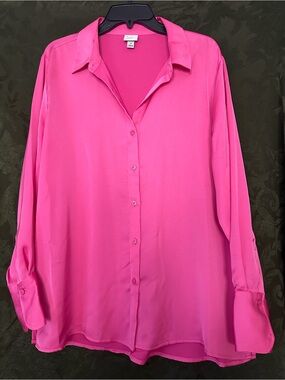 A New Day Vibrant Pink Long-Sleeve Button-Down Blouse Size M